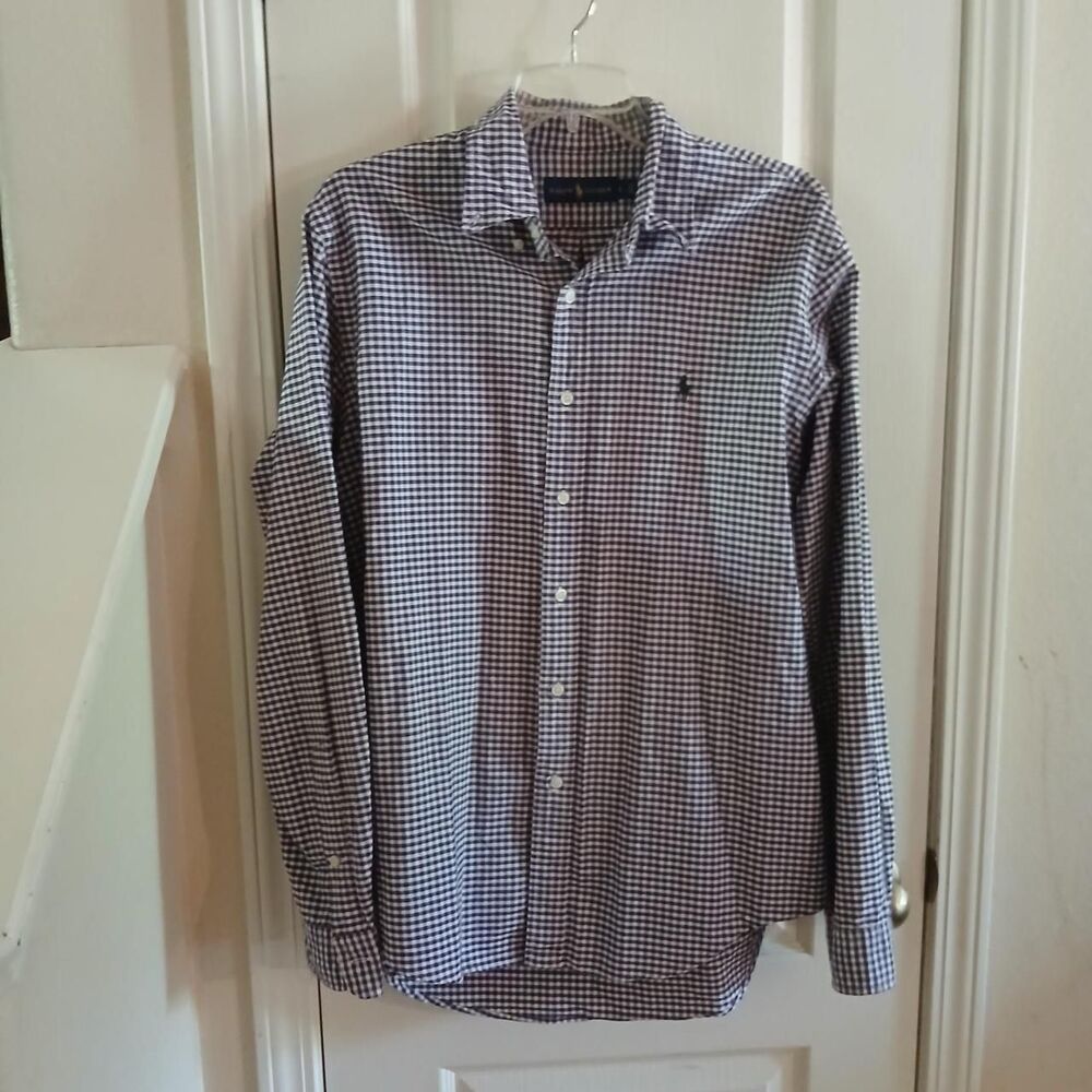 Ralph Lauren Purple & White 100% Cotton Gingham Button Up Shirt L Preppy Casual